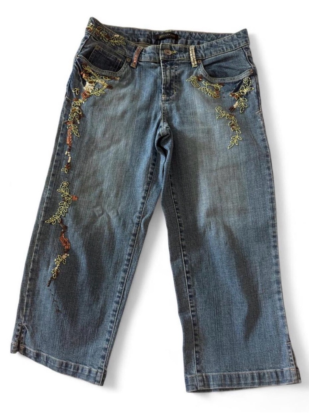 Jenni & Jess Embroidered Capri Jeans with Green Embroidery and Copper Beading